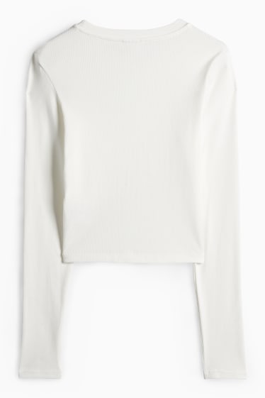 Femei - Tricou crop cu mânecă lungă - slim fit - reiat - alb-crem