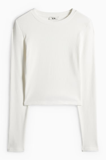 Femei - Tricou crop cu mânecă lungă - slim fit - reiat - alb-crem