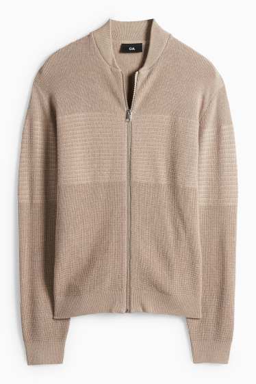Pánské - Pletený kardigan - žebrovaný - strukturovaný - taupe