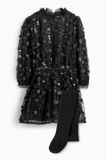 Enfants filles - Fleur - ensemble - robe et collants - 2 pièces - noir
