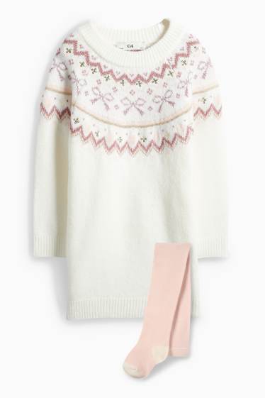 Děti - dívky - Mašle - souprava - pletené šaty a punčochové kalhoty - 2dílná - krémově bílá