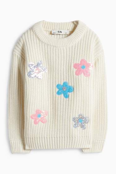Děti - dívky - Květiny - svetr - žebrovaný - krémově bílá