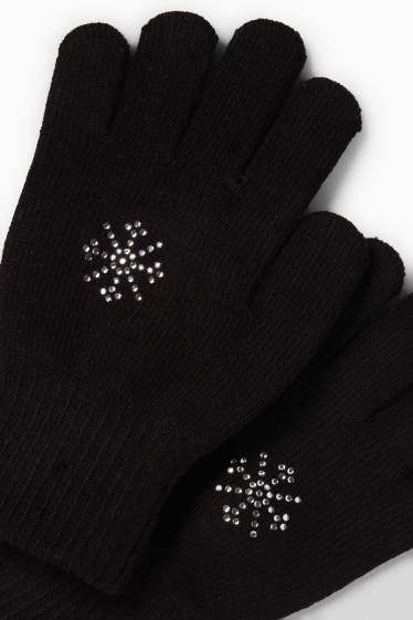 Kinder Mädchen - Handschuhe mit Strasssteinen - schwarz