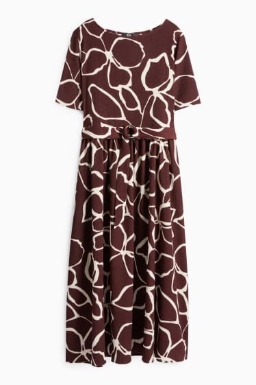 Dámské - Šaty fit & flare s páskem - s květinovým vzorem - strukturované - bordeaux