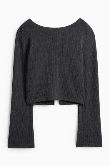 Dámské - Krátké tričko s dlouhým rukávem - slim fit - žebrované - černá