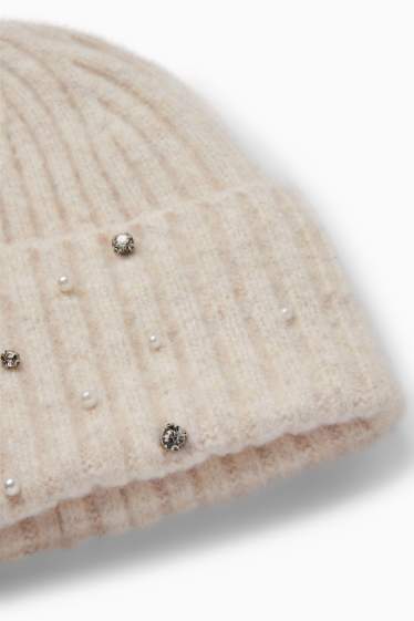 Women - Hat with rhinestones - ribbed - beige-melange