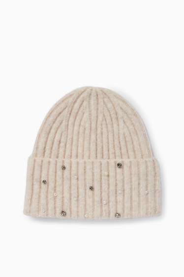 Women - Hat with rhinestones - ribbed - beige-melange
