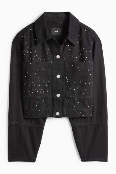 Donna - Giacca di jeans corta con strass - nero