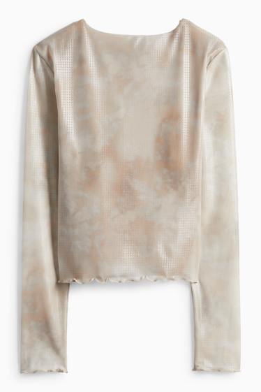Dámské - Tričko s dlouhým rukávem - slim fit - ze síťovaného materiálu - se vzorem - béžová