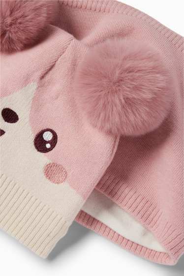 Children Girls - Kawaii - set - pom-pom hat and snood - 2 piece - rose