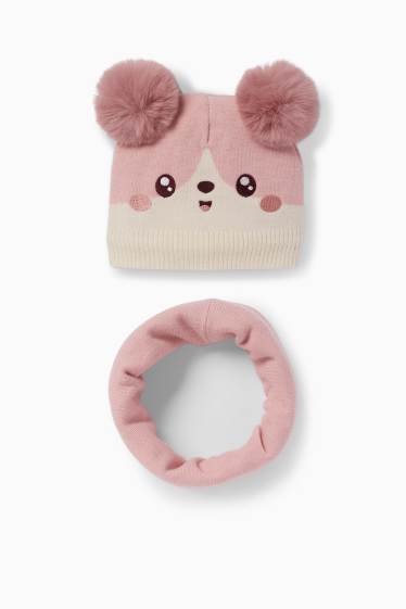 Children Girls - Kawaii - set - pom-pom hat and snood - 2 piece - rose