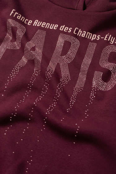 Děti - dívky - Paris - mikina s kapucí se štrasovými kamínky - bordeaux