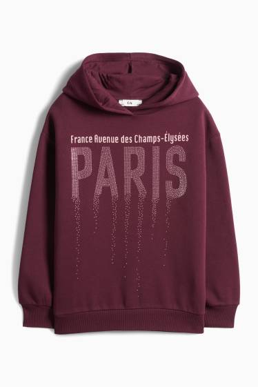 Děti - dívky - Paris - mikina s kapucí se štrasovými kamínky - bordeaux