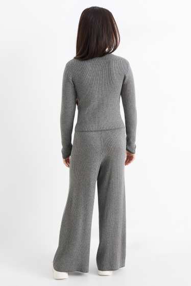 Children Girls - Set - long sleeve top and jersey trousers - ribbed - 2 piece - dark gray