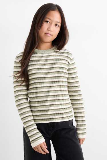 Children Girls - Chenille jumper - ribbed - striped - light green