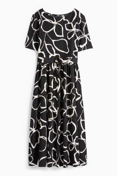 Dámské - Šaty fit & flare s páskem - s květinovým vzorem - strukturované - černá/bílá