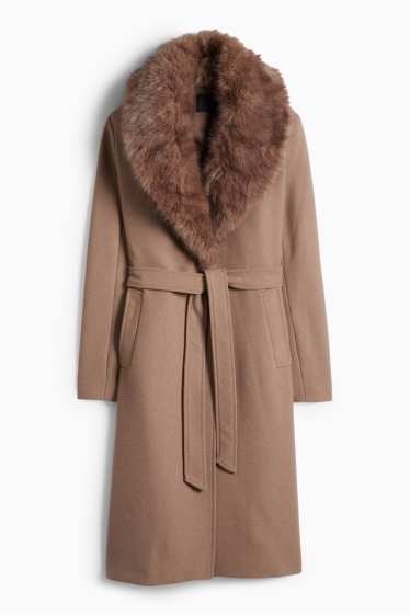 Femmes - Manteau avec garniture en imitation fourrure - marron clair