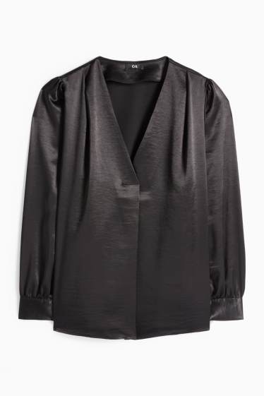 Damen - Satin-Bluse mit V-Ausschnitt - schwarz