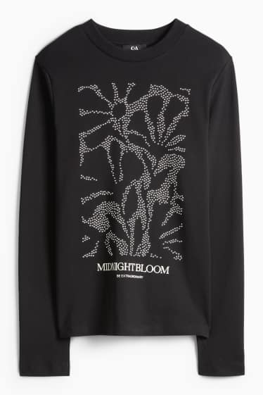 Damen - Langarmshirt mit Strasssteinen - Regular Fit - schwarz