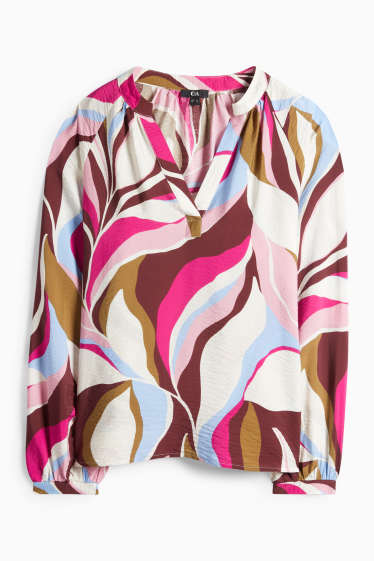 Dámské - Halenka s výstřihem ve tvaru V - se vzorem - hnědá/růžová