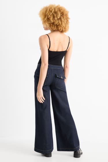Women - Wide leg jeans - mid-rise waist - denim-dark blue
