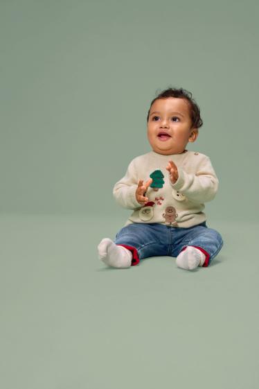 Baby Jungen - Weihnachtsmann - Baby-Weihnachtspullover - hellbeige