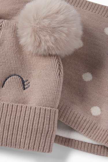 Children Girls - Kawaii - set - pom-pom hat and snood - 2 piece - beige