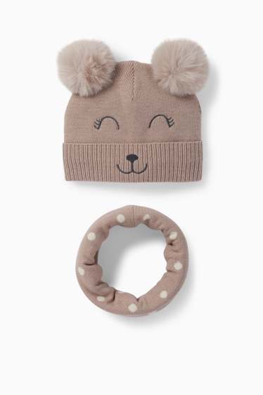 Children Girls - Kawaii - set - pom-pom hat and snood - 2 piece - beige