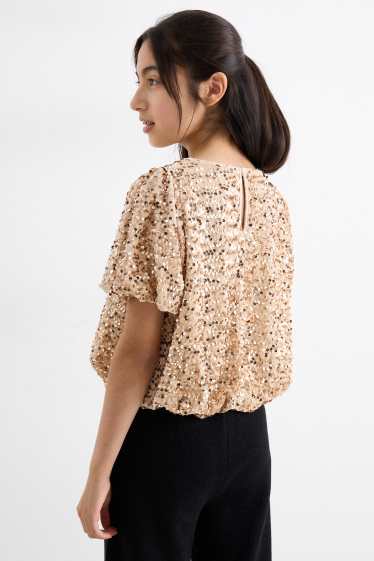 Copii - Fete - Tricou cu mânecă scurtă din catifea cu paiete - bej deschis