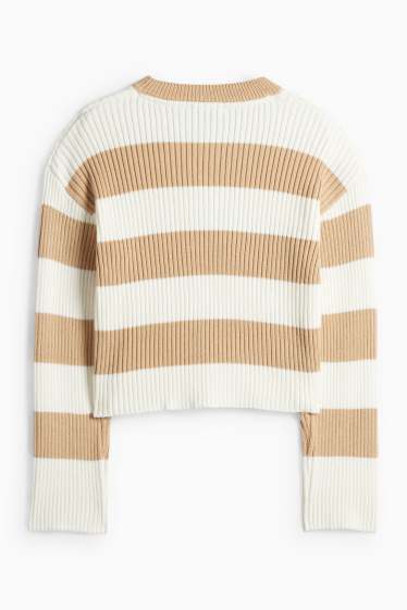 Děti - dívky - Svetr - žebrovaný - pruhovaný - béžová