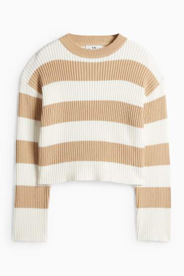 Děti - dívky - Svetr - žebrovaný - pruhovaný - béžová