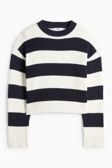 Kinderen: meisjes - Trui - ribstof - met strepen - donkerblauw / crème wit