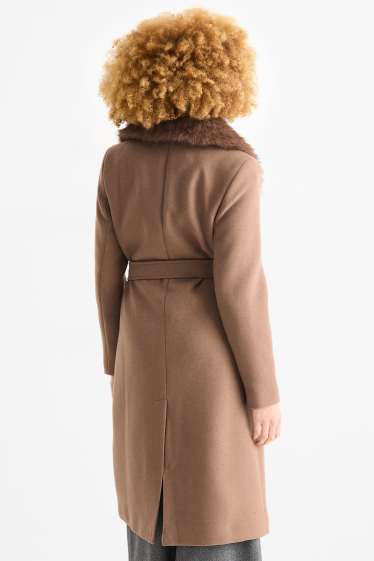 Dames - Mantel met imitatiebontrandje - lichtbruin