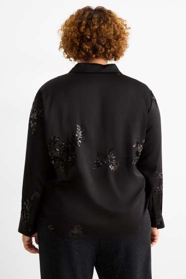 Women - Satin blouse - floral - shiny - black