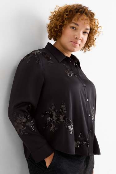 Women - Satin blouse - floral - shiny - black