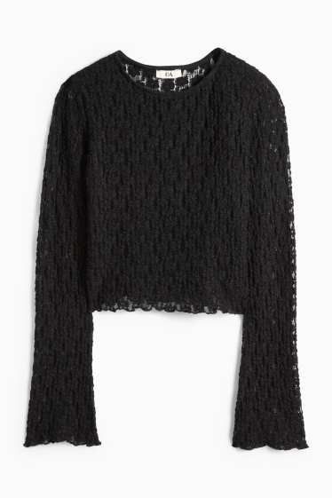 Dámské - Krátké krajkové tričko s dlouhým rukávem - slim fit - černá