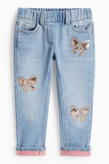 Children Girls - Bow - slim jeans - thermal jeans - blue denim