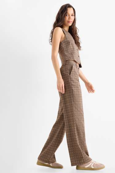 Femei - Pantaloni de stofă - talie medie - wide leg - în carouri - maro