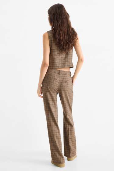 Femei - Pantaloni de stofă - talie medie - wide leg - în carouri - maro