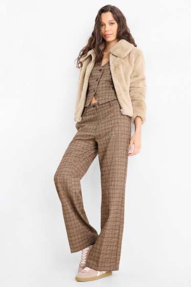 Femei - Pantaloni de stofă - talie medie - wide leg - în carouri - maro