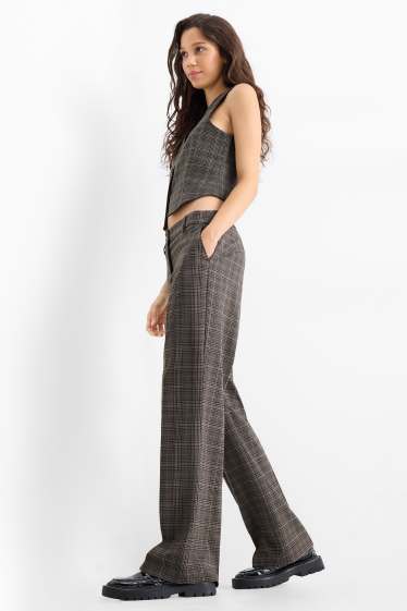 Femmes - Pantalon de toile - mid waist - wide leg - à carreaux - gris foncé