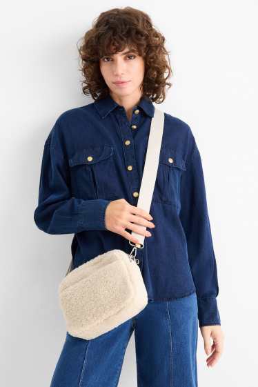 Donna - Borsa a tracolla effetto peluche con spallaccio removibile - crema