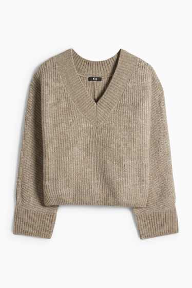 Damen - Pullover mit V-Ausschnitt - gerippt - beige