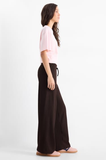 Women - Jersey trousers - mid-rise waist - wide leg - textured - dark brown