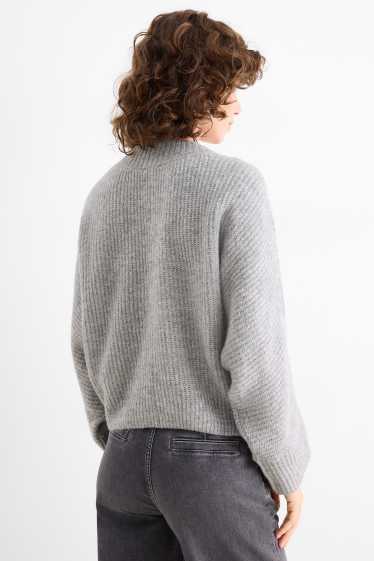 Femmes - Pull à col V - côtelé - gris clair chiné