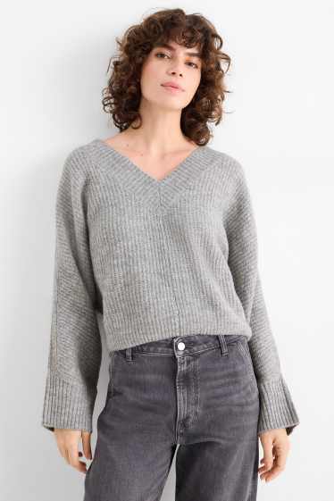 Femmes - Pull à col V - côtelé - gris clair chiné