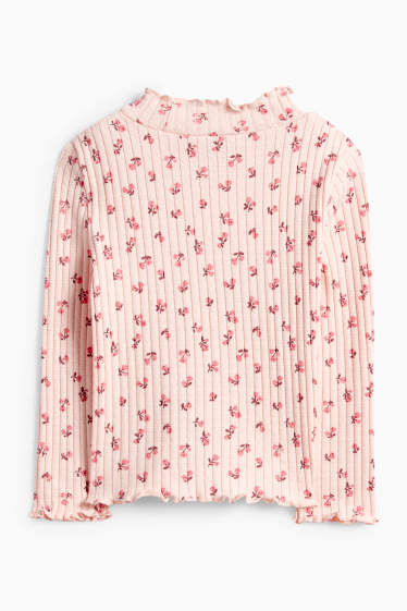 Děti - dívky - Tričko s dlouhým rukávem - žebrované - s květinovým vzorem - růžová
