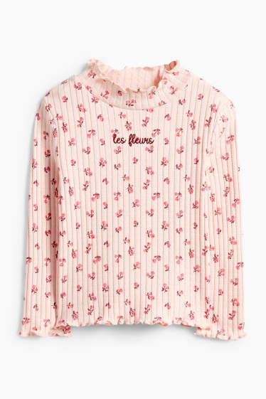 Děti - dívky - Tričko s dlouhým rukávem - žebrované - s květinovým vzorem - růžová
