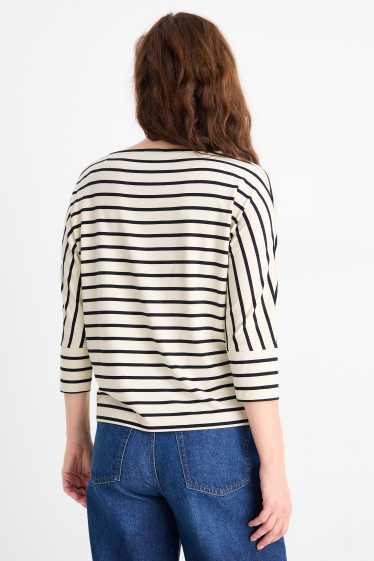 Dámské - Tričko s dlouhým rukávem basic - regular fit - pruhované - černá/béžová