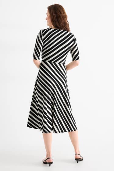 Women - V-neck dress - straight fit - striped - black / beige
